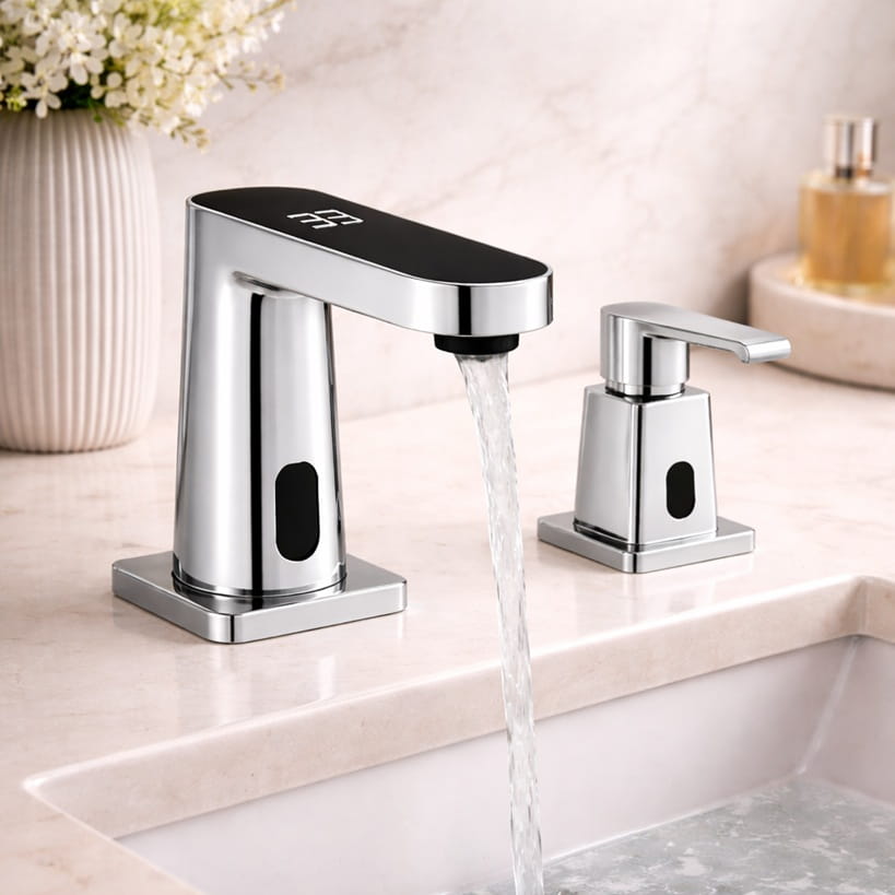 Side-by-side comparison of commercial touchless faucet brands installed on lavatory counters with emphasis on spout geometry, sensor placement, and service access